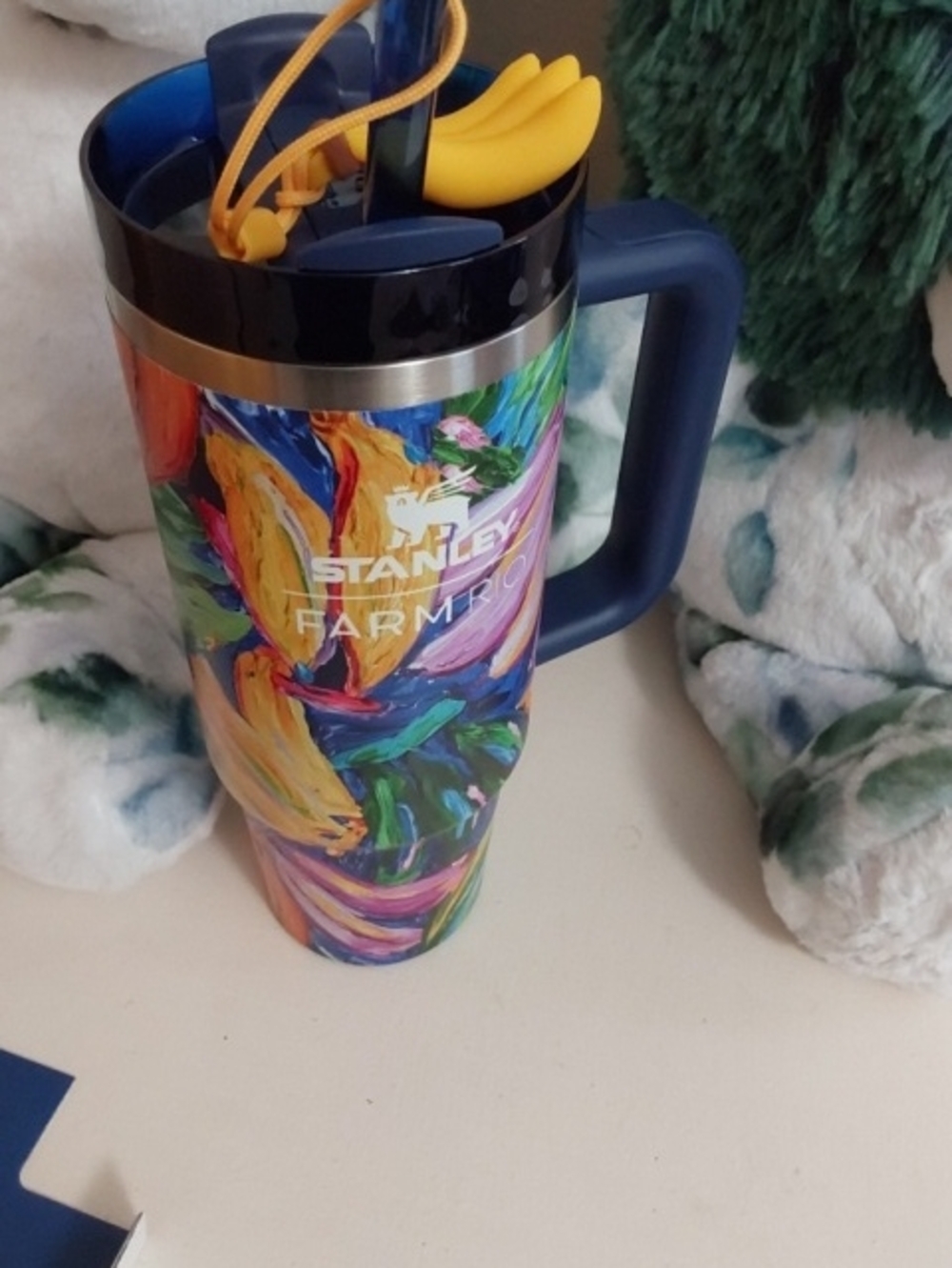NIB Stanley Farm Rio Multicolor Insulated Travel Mug - Blue Handle